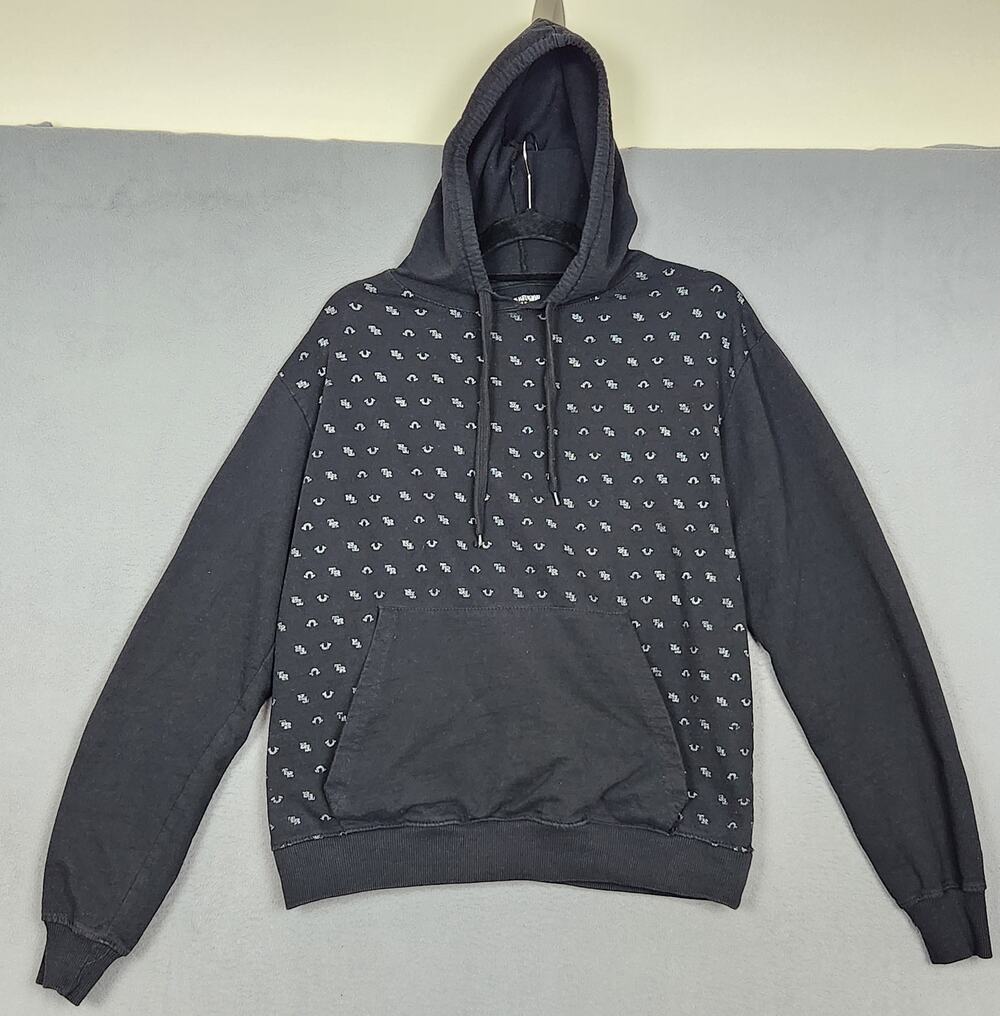 TRUE RELIGION Hoodie Mens Large Black Kangaroo Pocket AOP Activewear